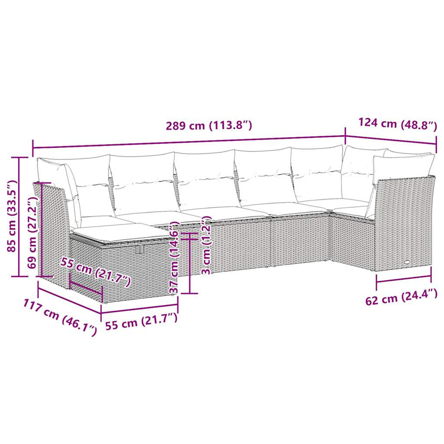 7-delige Loungeset met kussens poly rattan beige