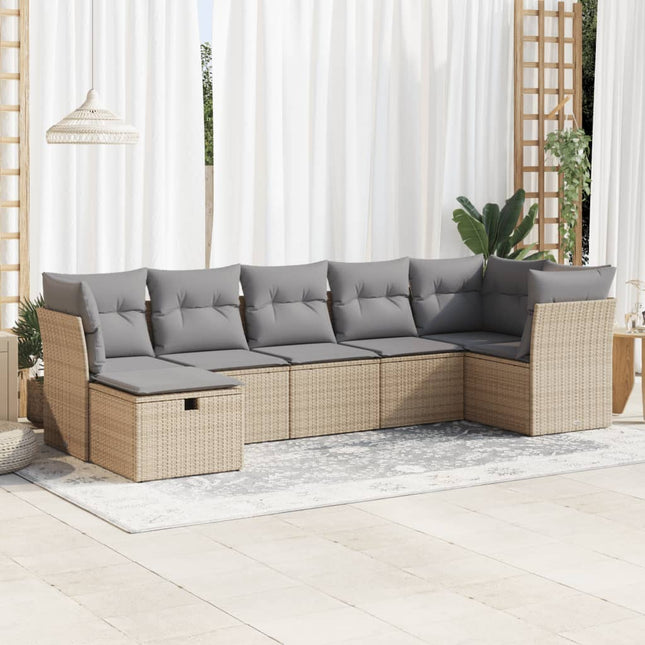 7-delige Loungeset met kussens poly rattan beige