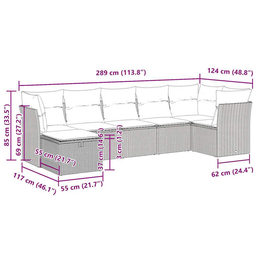 7-delige Loungeset met kussens poly rattan grijs