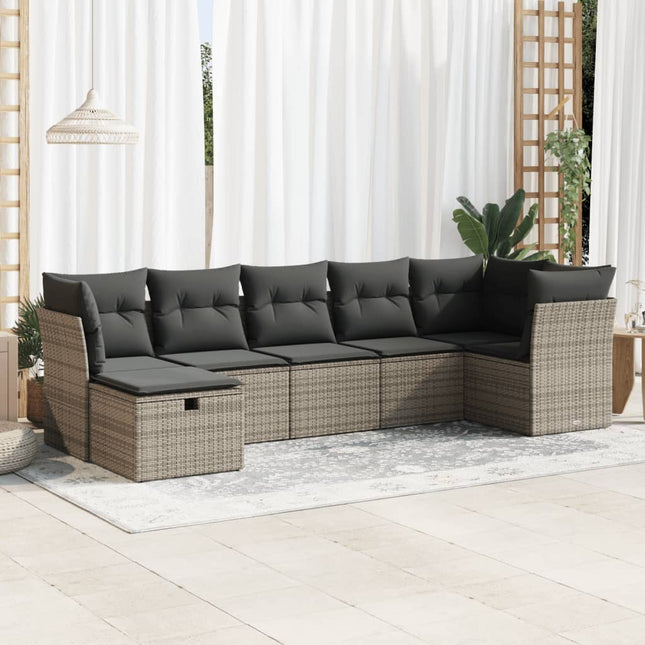 7-delige Loungeset met kussens poly rattan grijs