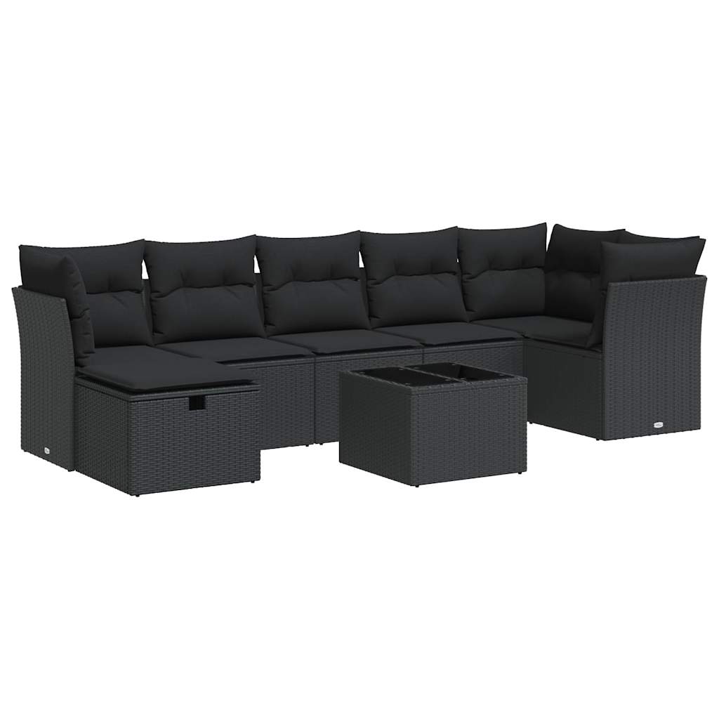 8-delige Loungeset met kussens poly rattan zwart