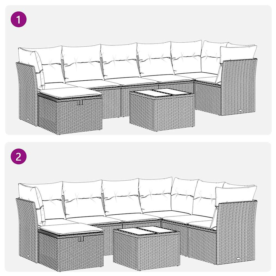 8-delige Loungeset met kussens poly rattan zwart