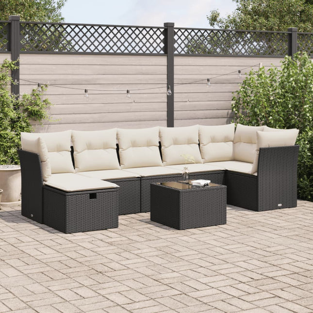 8-delige Loungeset met kussens poly rattan zwart