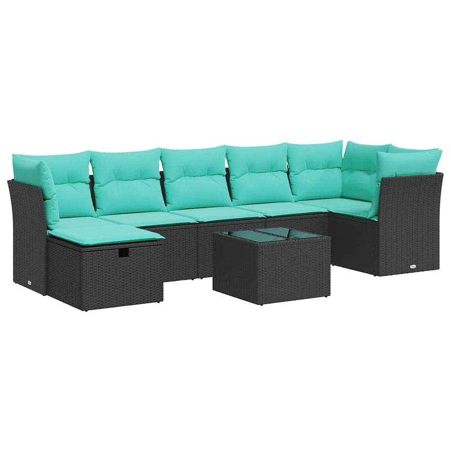 8-delige Loungeset met kussens poly rattan zwart