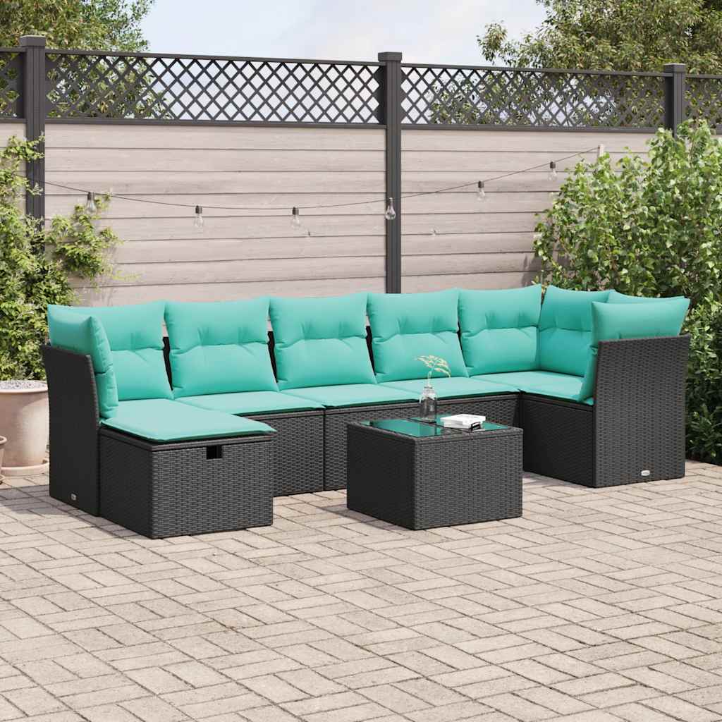 8-delige Loungeset met kussens poly rattan zwart