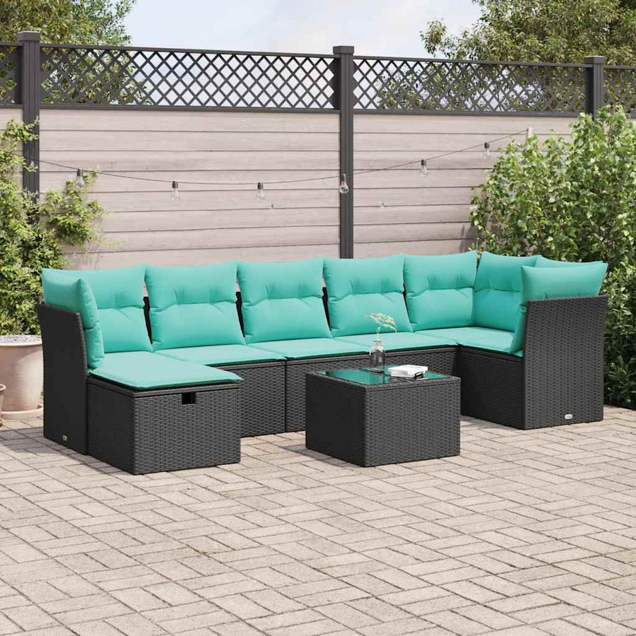 8-delige Loungeset met kussens poly rattan zwart