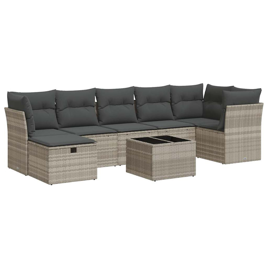 8-delige Loungeset met kussens poly rattan lichtgrijs