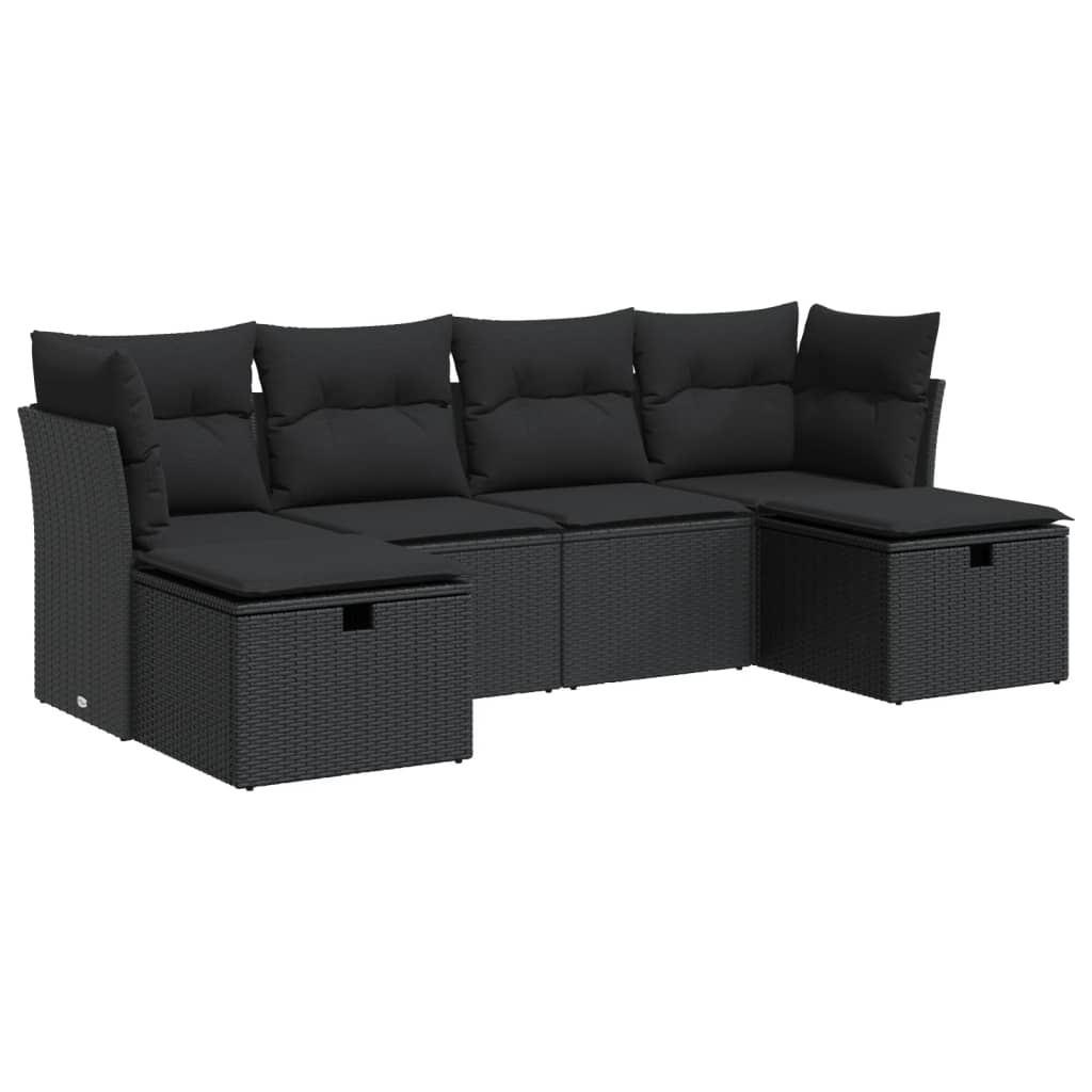 6-delige Loungeset met kussens poly rattan zwart