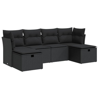 6-delige Loungeset met kussens poly rattan zwart