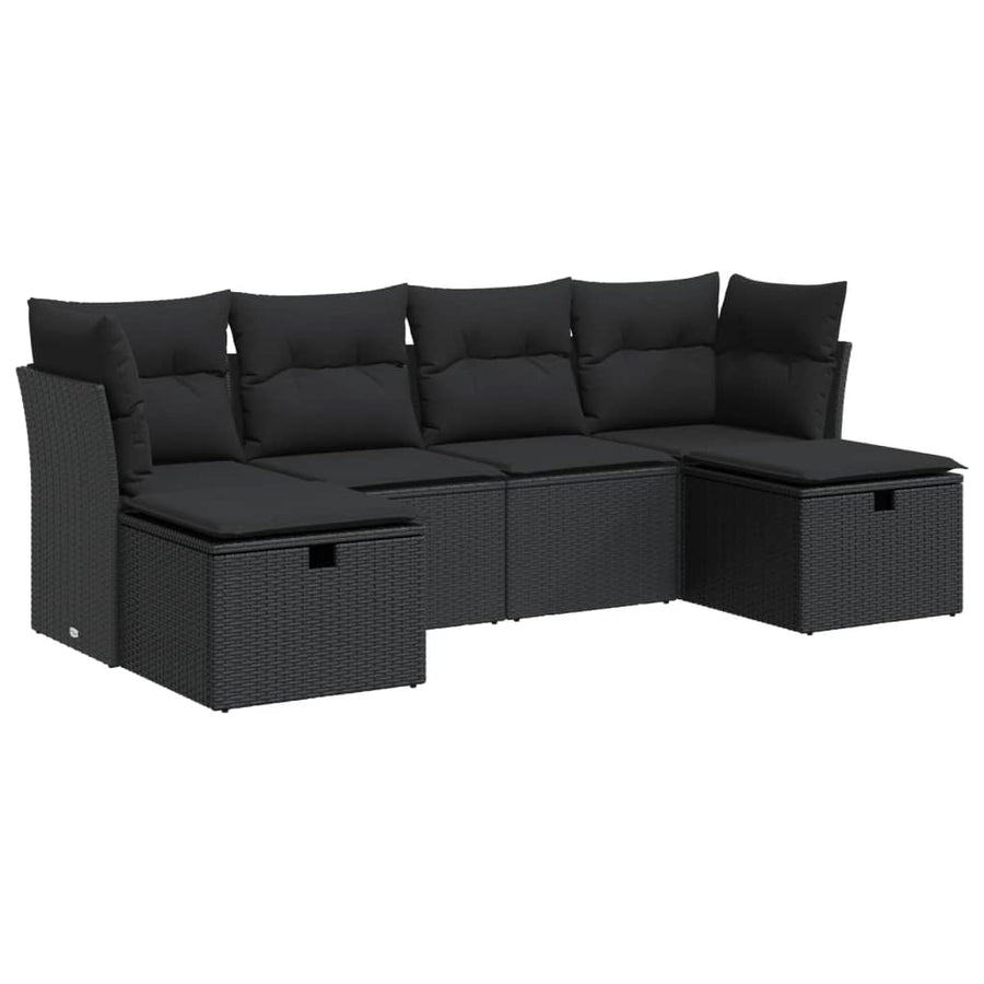6-delige Loungeset met kussens poly rattan zwart