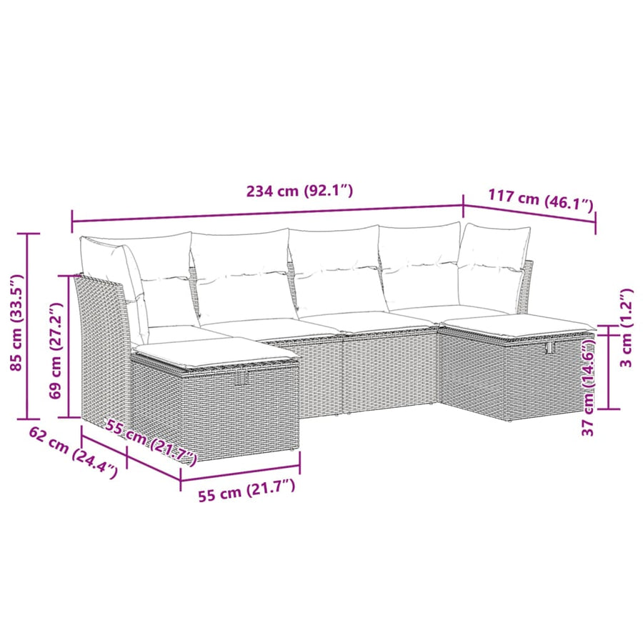 6-delige Loungeset met kussens poly rattan zwart