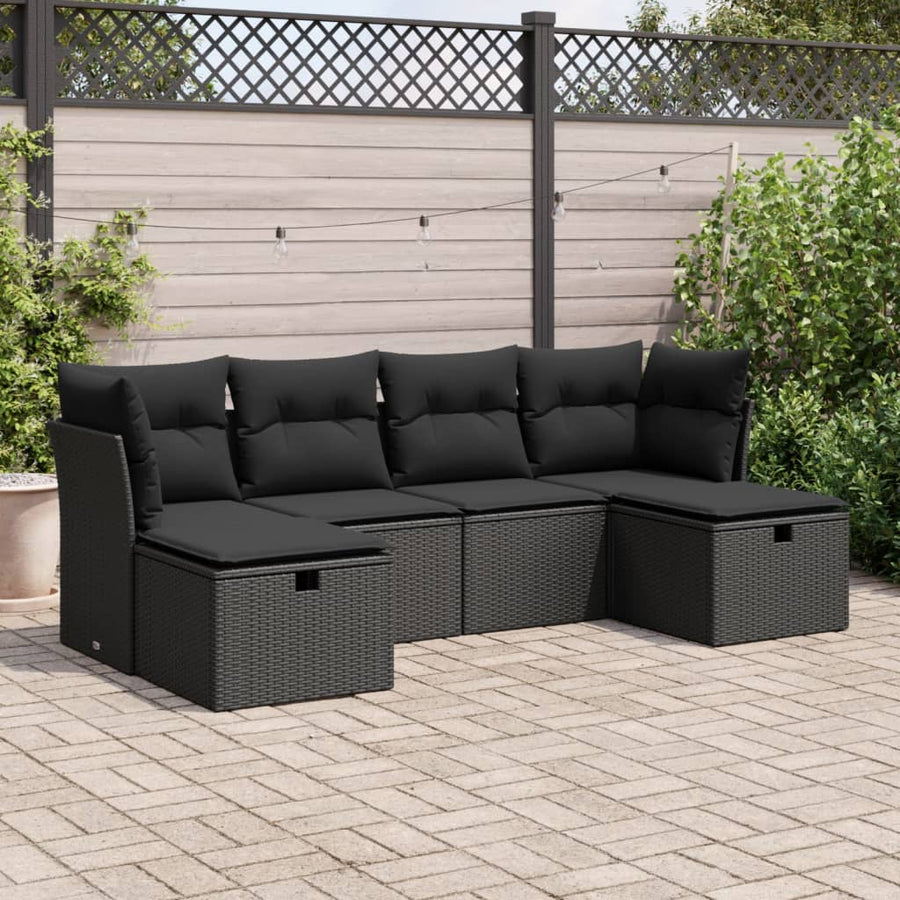 6-delige Loungeset met kussens poly rattan zwart