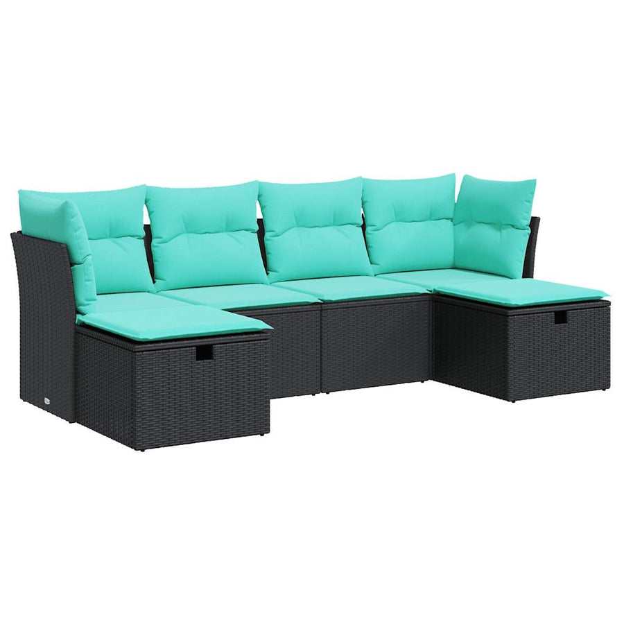 6-delige Loungeset met kussens poly rattan zwart