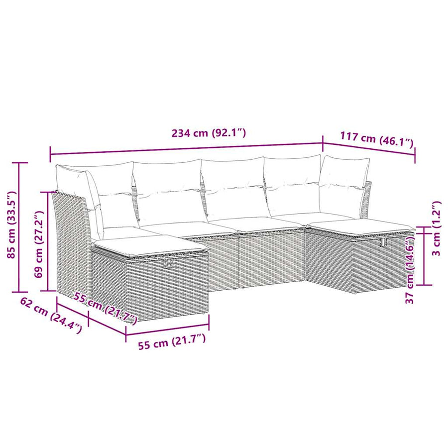 6-delige Loungeset met kussens poly rattan zwart