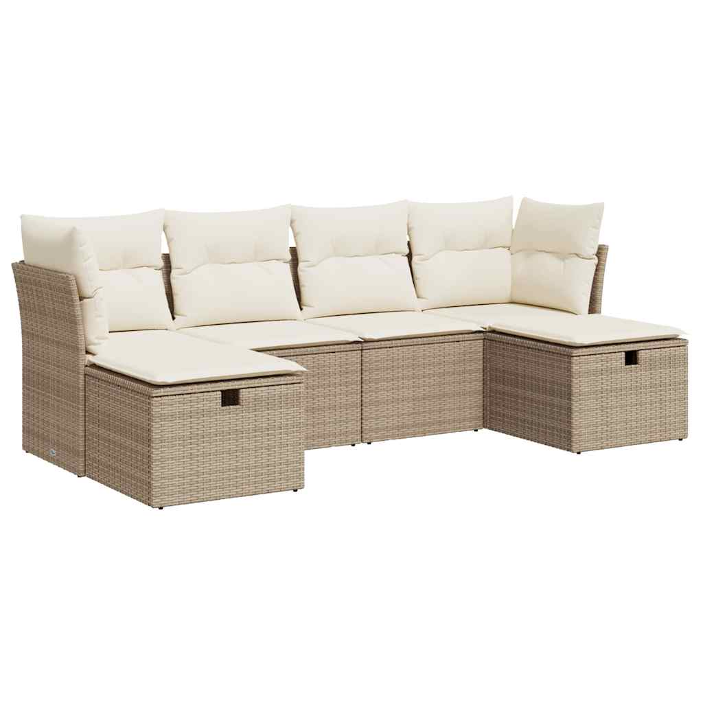 6-delige Loungeset met kussens poly rattan beige