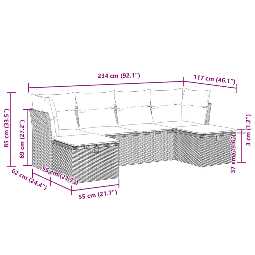 6-delige Loungeset met kussens poly rattan beige