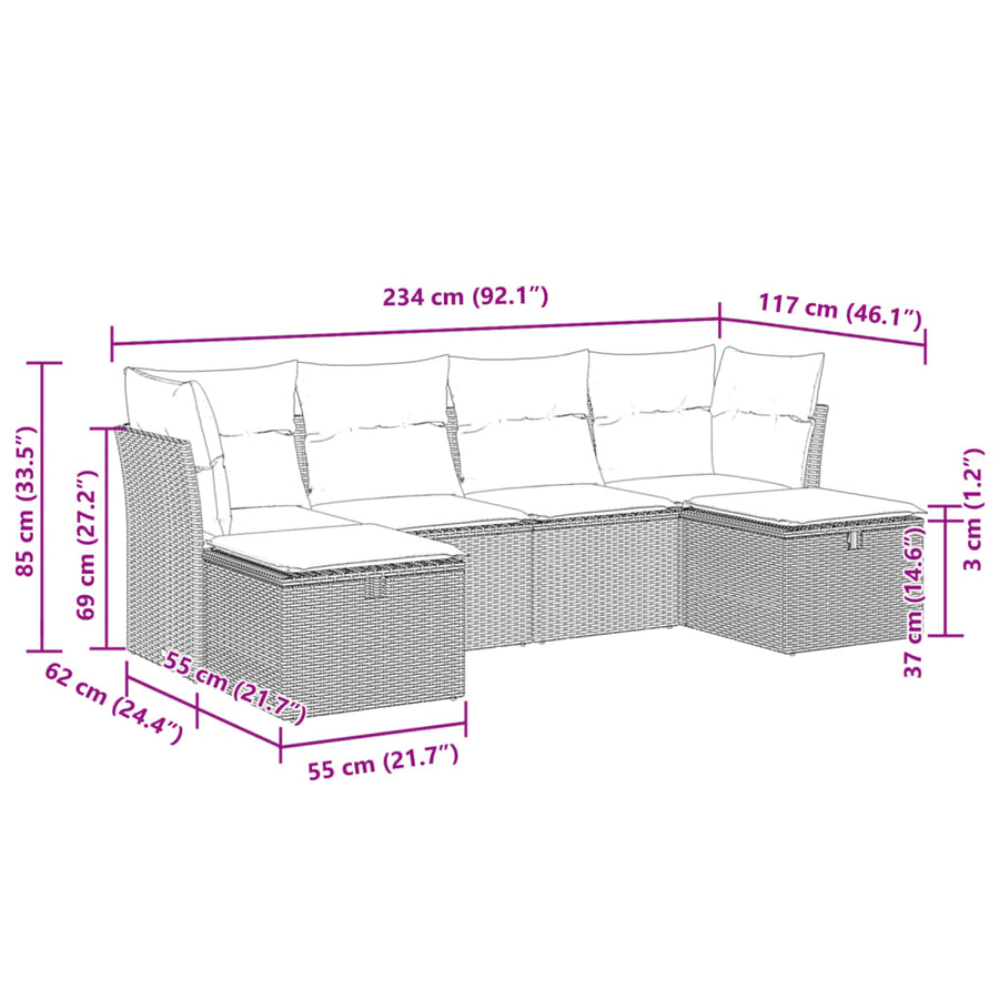 6-delige Loungeset met kussens poly rattan beige