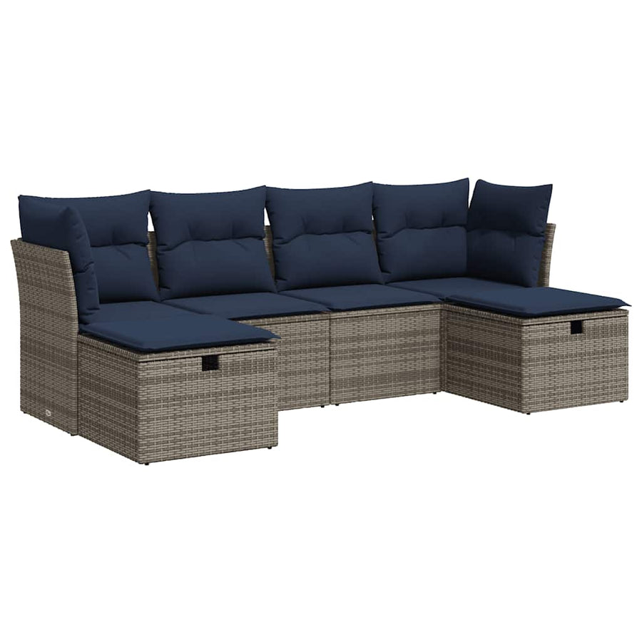 6-delige Loungeset met kussens poly rattan grijs