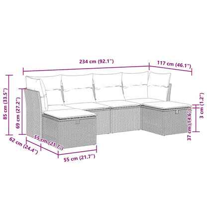 6-delige Loungeset met kussens poly rattan grijs