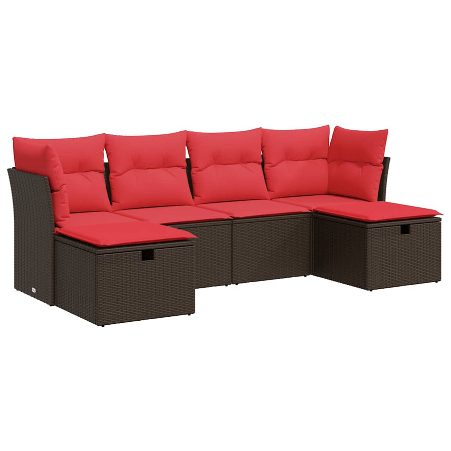 6-delige Loungeset met kussens poly rattan bruin