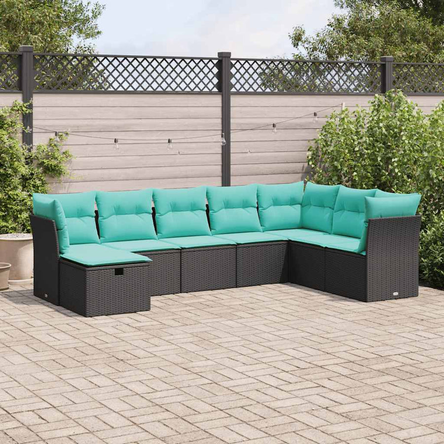 8-delige Loungeset met kussens poly rattan zwart