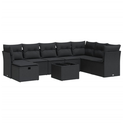 9-delige Loungeset met kussens poly rattan zwart