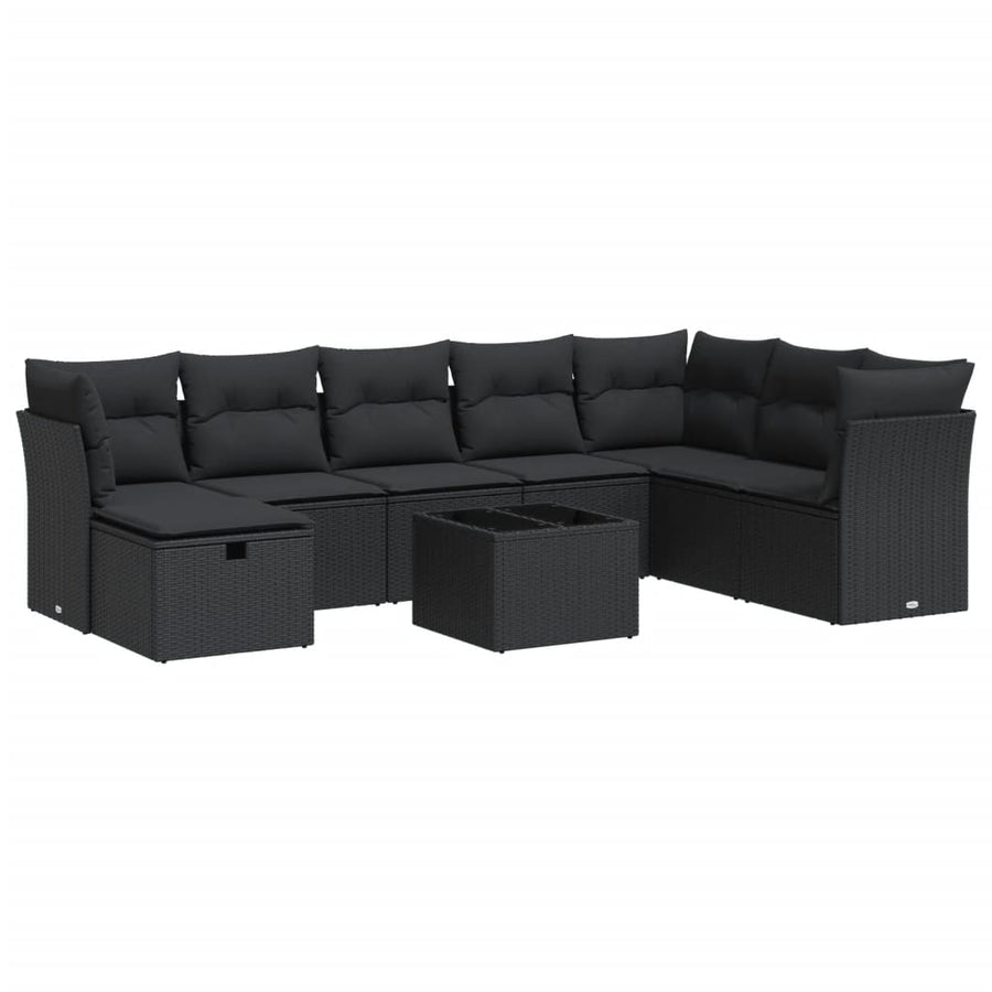 9-delige Loungeset met kussens poly rattan zwart