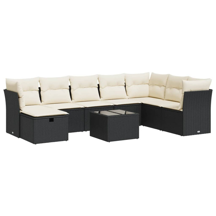 9-delige Loungeset met kussens poly rattan zwart