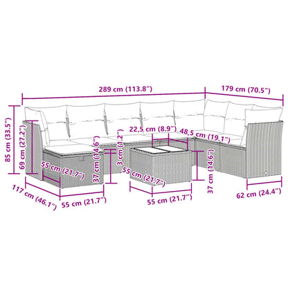 9-delige Loungeset met kussens poly rattan zwart