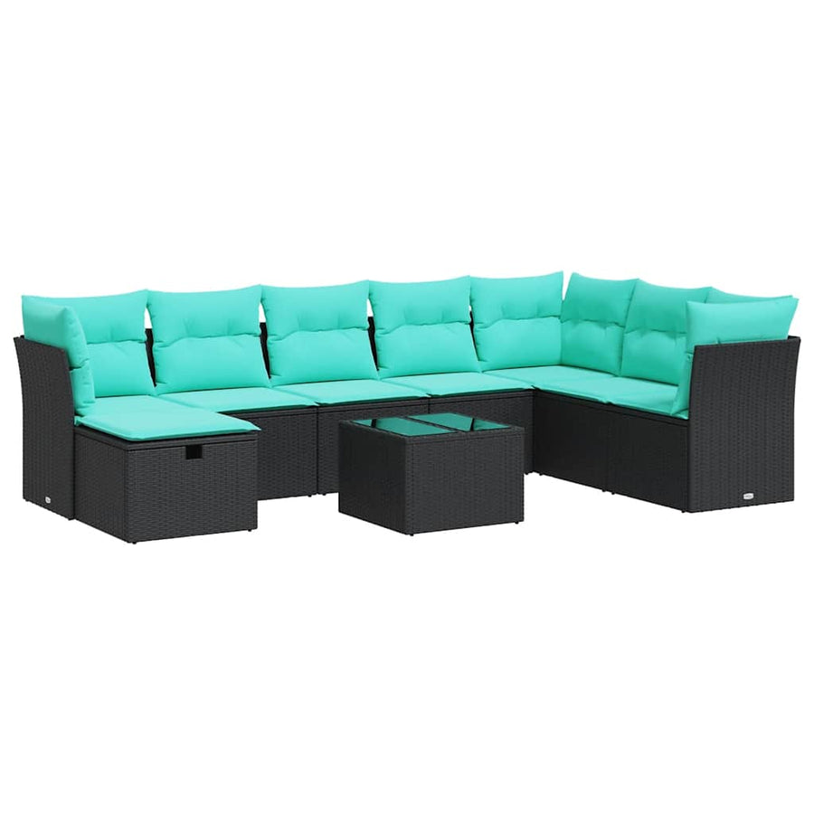 9-delige Loungeset met kussens poly rattan zwart