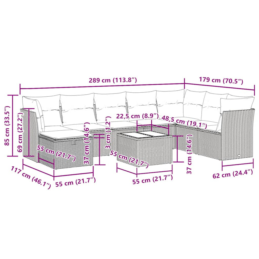 9-delige Loungeset met kussens poly rattan zwart