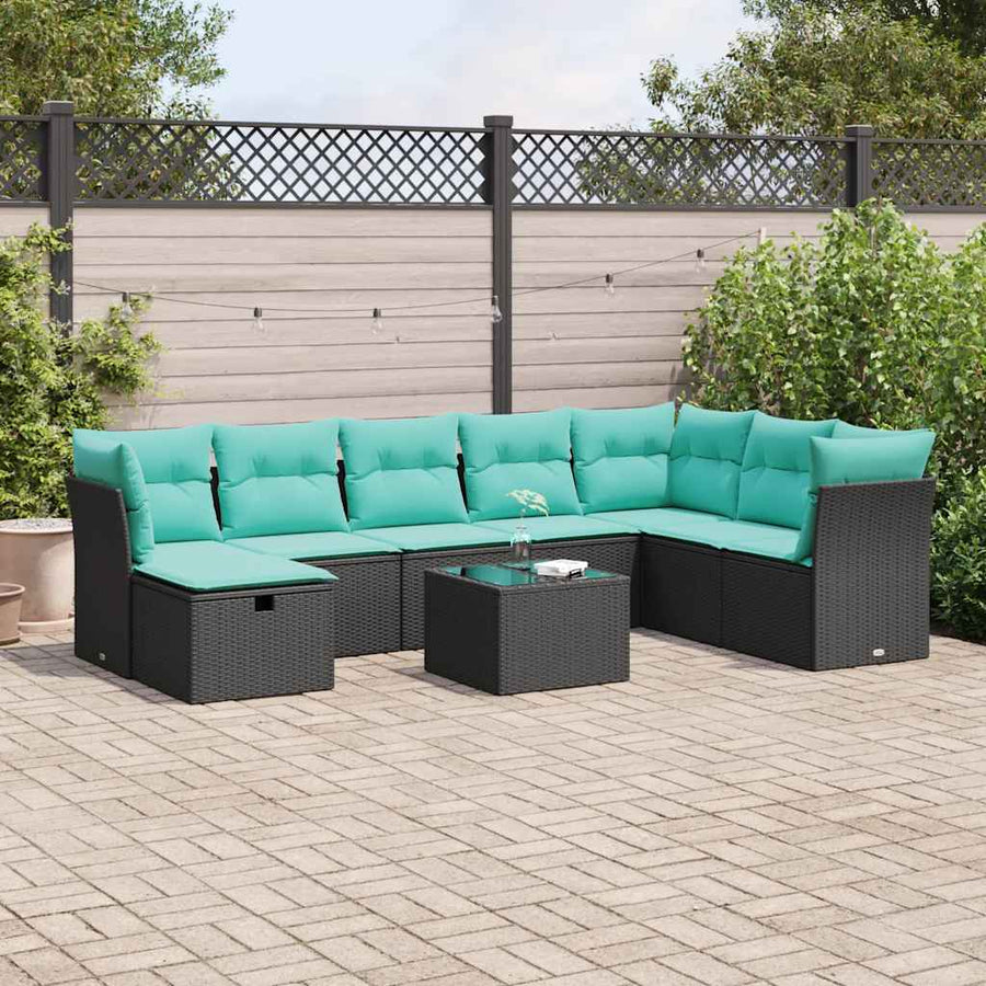 9-delige Loungeset met kussens poly rattan zwart