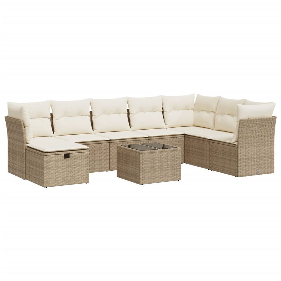 9-delige Loungeset met kussens poly rattan beige