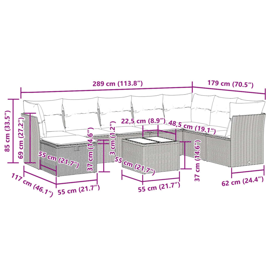 9-delige Loungeset met kussens poly rattan beige