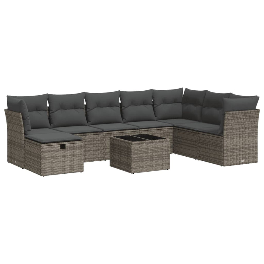 9-delige Loungeset met kussens poly rattan grijs