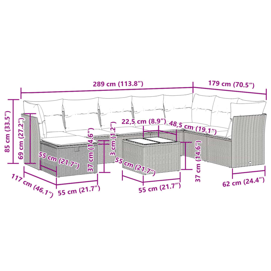 9-delige Loungeset met kussens poly rattan grijs