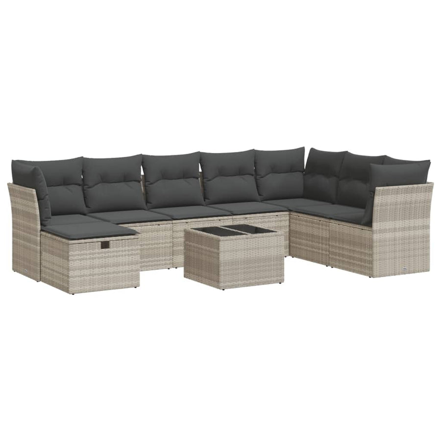 9-delige Loungeset met kussens poly rattan lichtgrijs