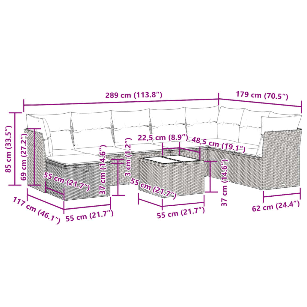 9-delige Loungeset met kussens poly rattan lichtgrijs