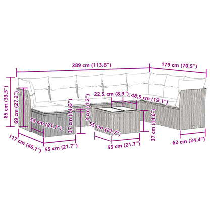 9-delige Loungeset met kussens poly rattan lichtgrijs