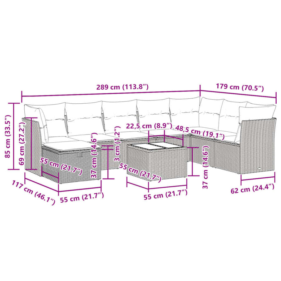 9-delige Loungeset met kussens poly rattan lichtgrijs