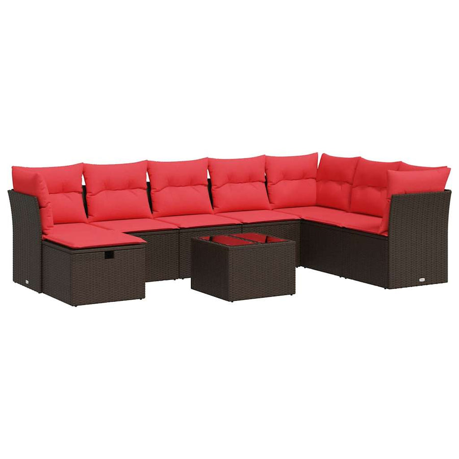 9-delige Loungeset met kussens poly rattan bruin