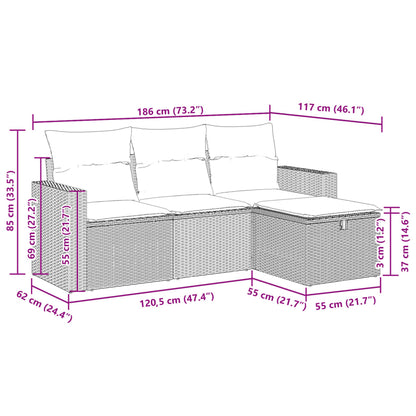 4-delige Loungeset met kussens poly rattan zwart