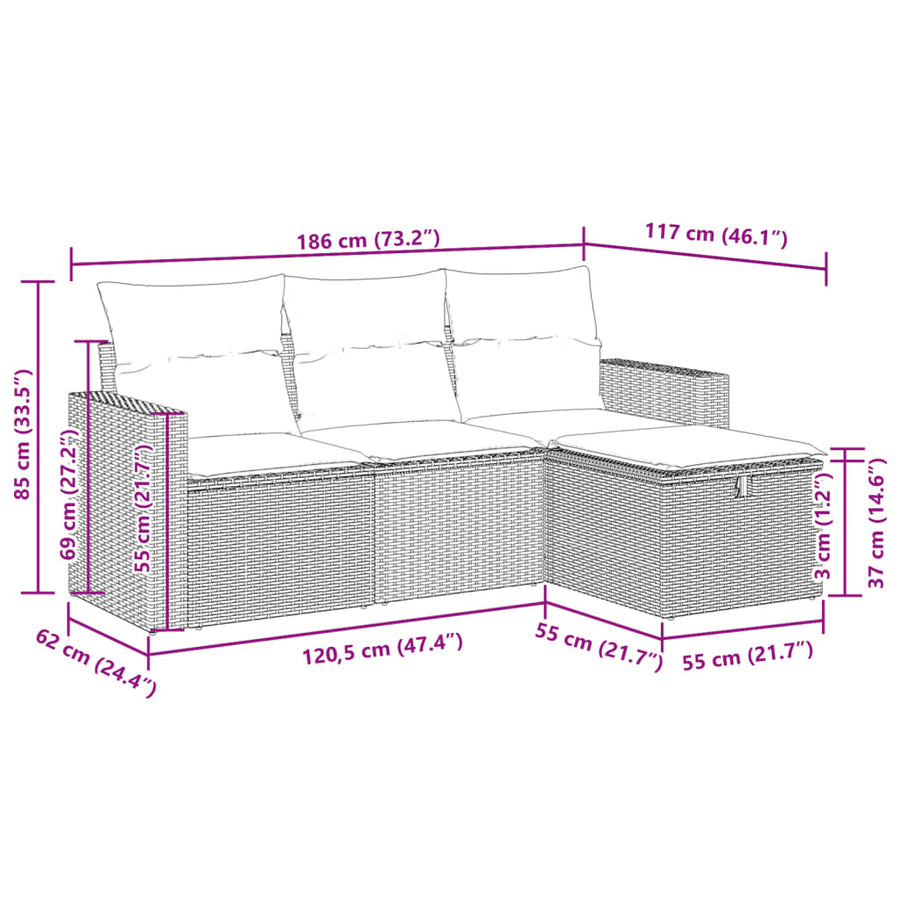 4-delige Loungeset met kussens poly rattan zwart
