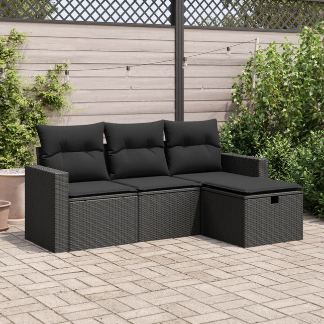 4-delige Loungeset met kussens poly rattan zwart