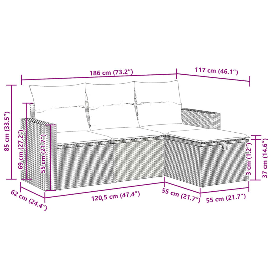 4-delige Loungeset met kussens poly rattan zwart