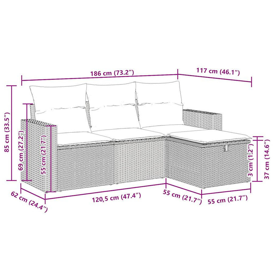 4-delige Loungeset met kussens poly rattan zwart