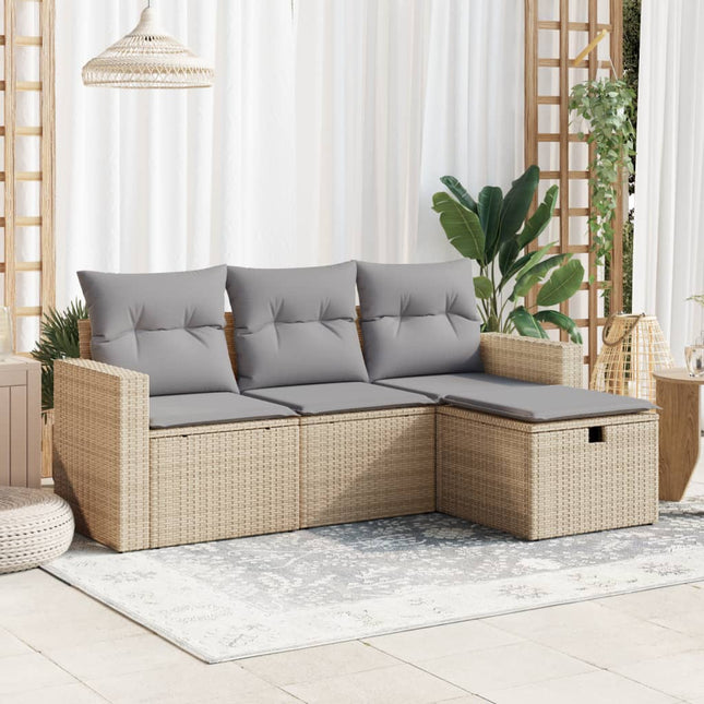 4-delige Loungeset met kussens poly rattan beige