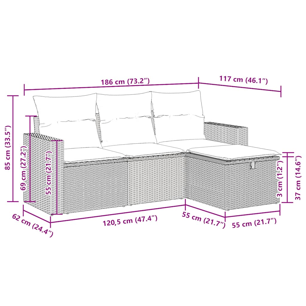 4-delige Loungeset met kussens poly rattan grijs