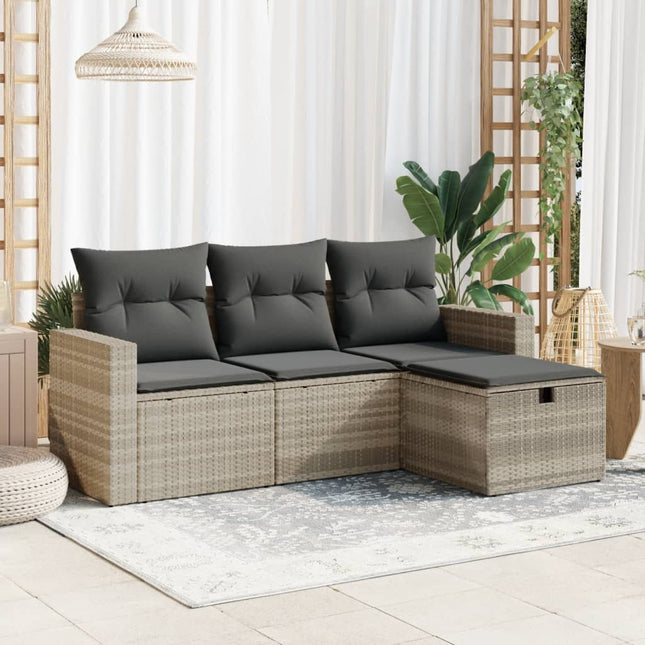 4-delige Loungeset met kussens poly rattan lichtgrijs