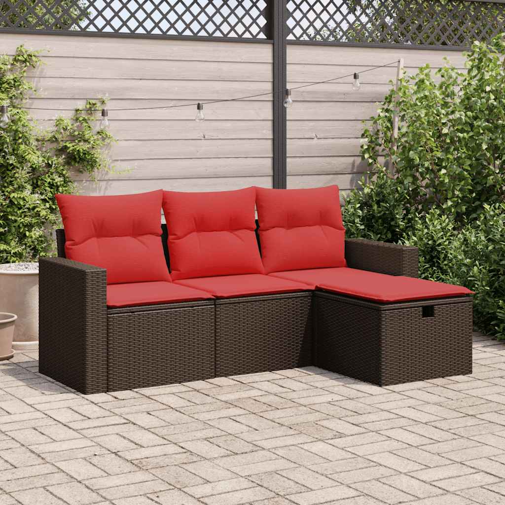 4-delige Loungeset met kussens poly rattan bruin